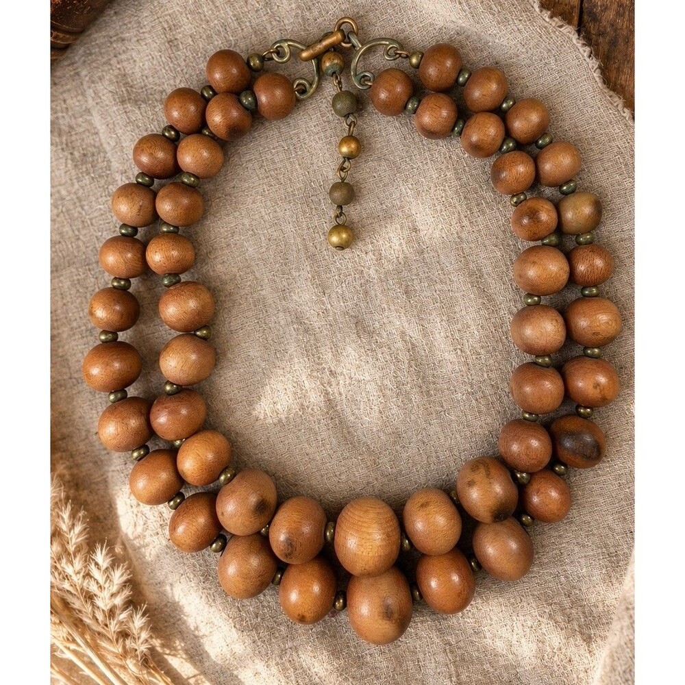 Vintage 1970s 4 Strand Wood Bead Necklace Boho Statement Toggle Clasp